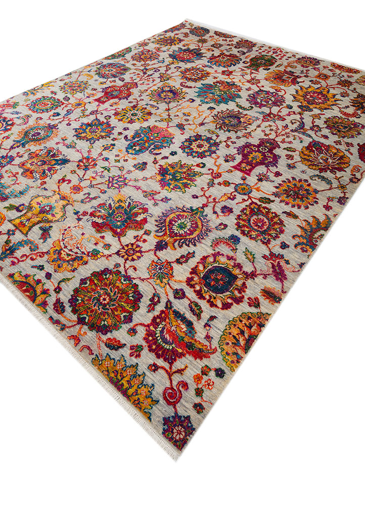 aurora red and orange wool and silk hand knotted Rug - FloorShot
