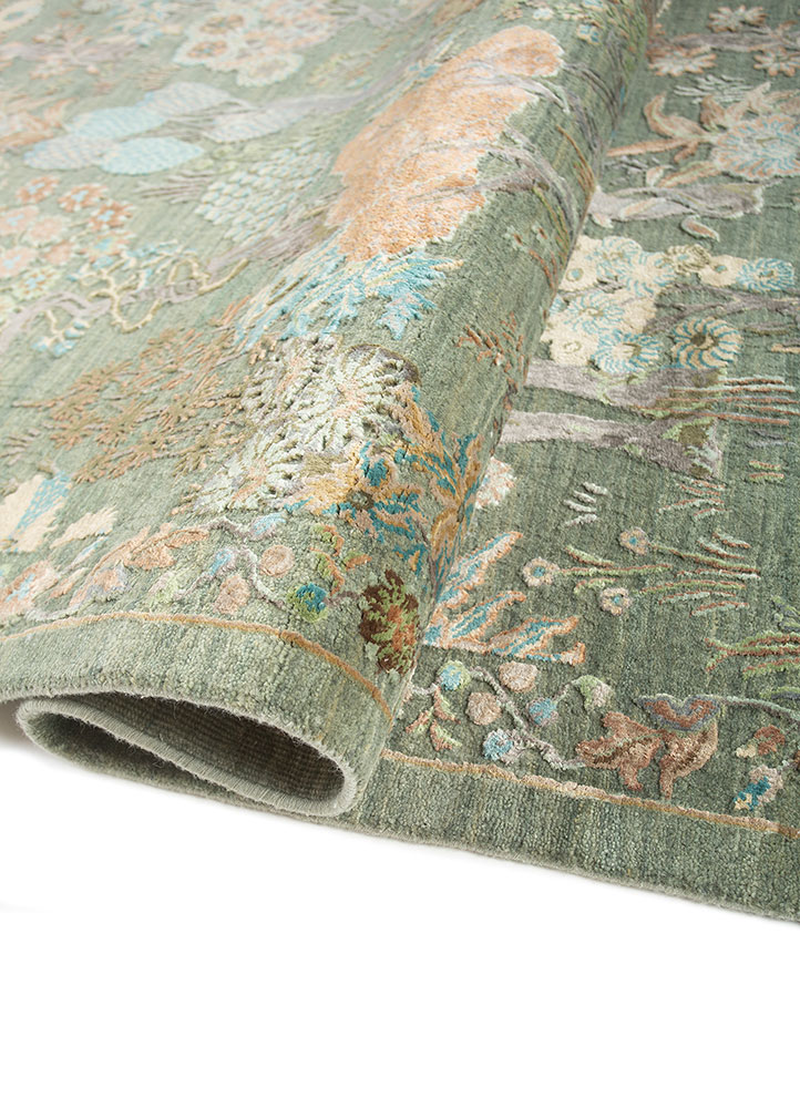 far east green wool and silk hand knotted Rug - FloorShot