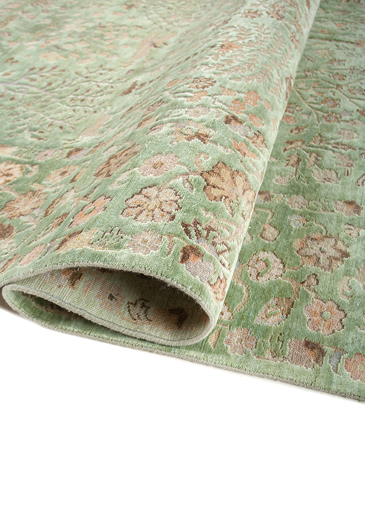 far east green wool and silk hand knotted Rug - FloorShot
