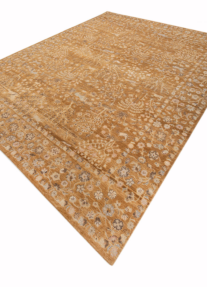 far east gold wool and silk hand knotted Rug - FloorShot