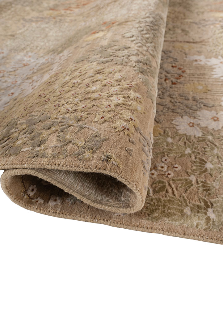 far east beige and brown wool and silk hand knotted Rug - FloorShot
