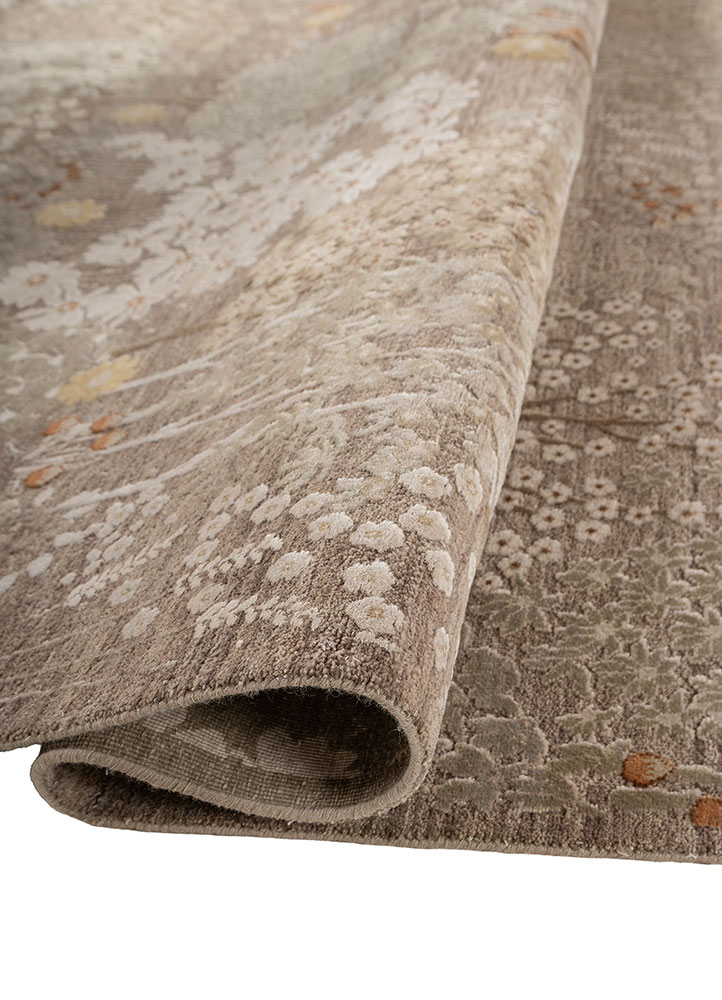 far east beige and brown wool and silk hand knotted Rug - FloorShot