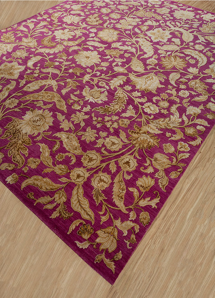 aurora pink and purple wool and silk hand knotted Rug - FloorShot