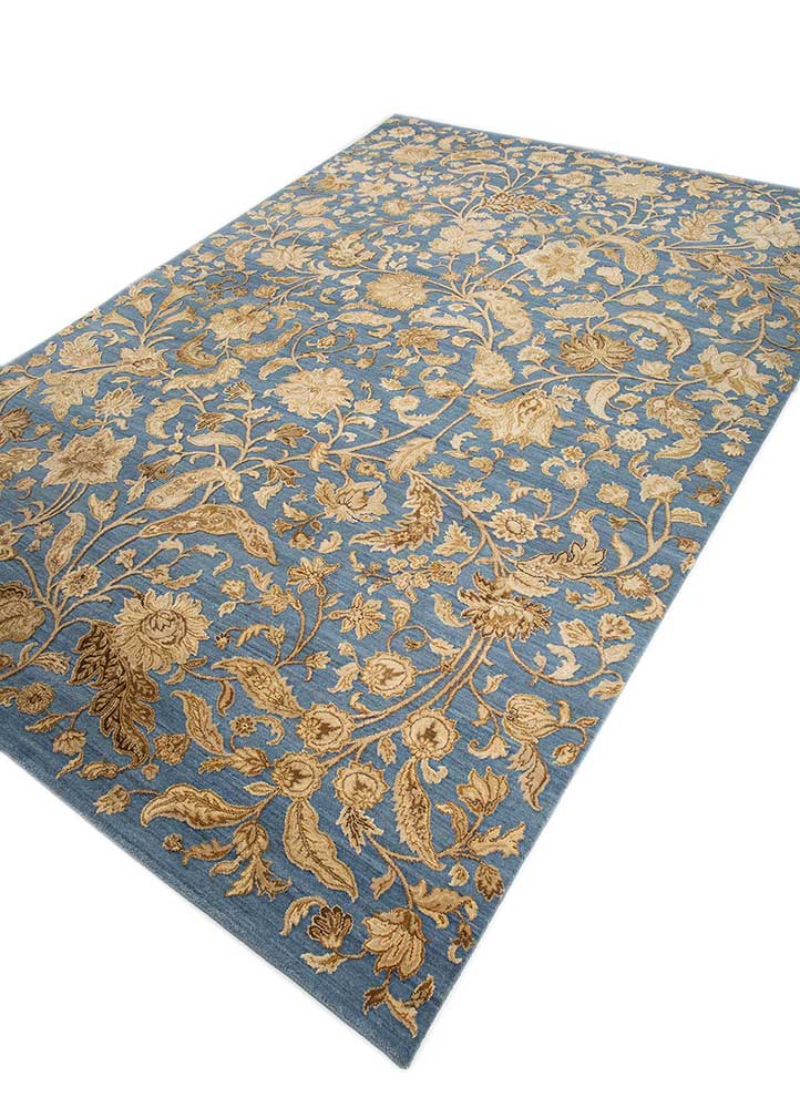 aurora blue wool and silk hand knotted Rug - FloorShot