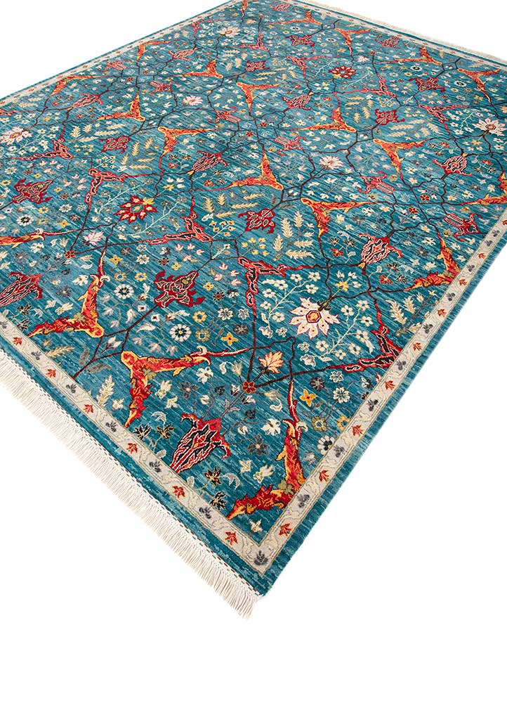 far east blue wool hand knotted Rug - FloorShot