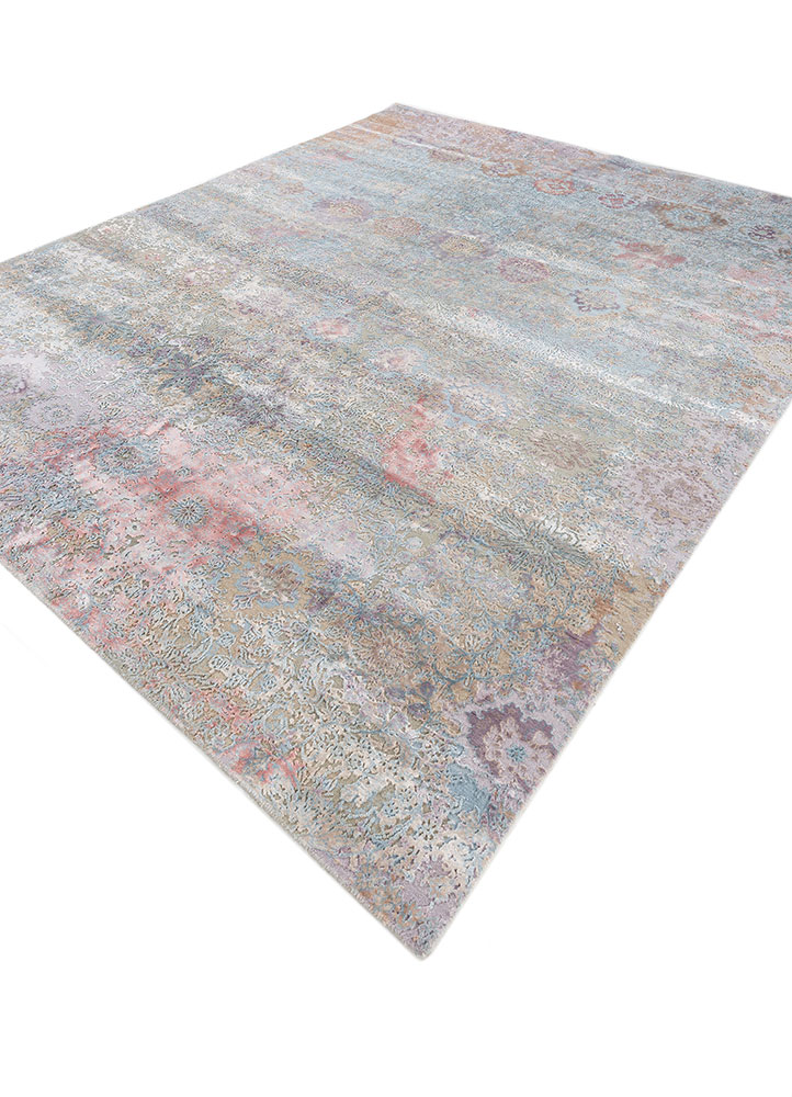 far east blue wool and bamboo silk hand knotted Rug - FloorShot