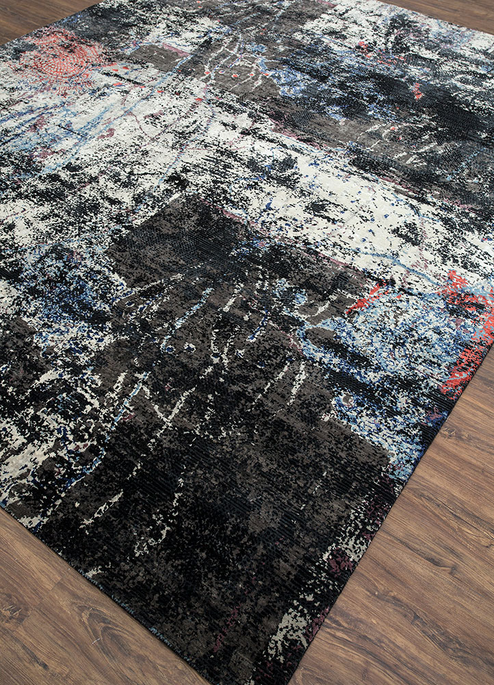 unstring by kavi grey and black wool and bamboo silk hand knotted Rug - FloorShot