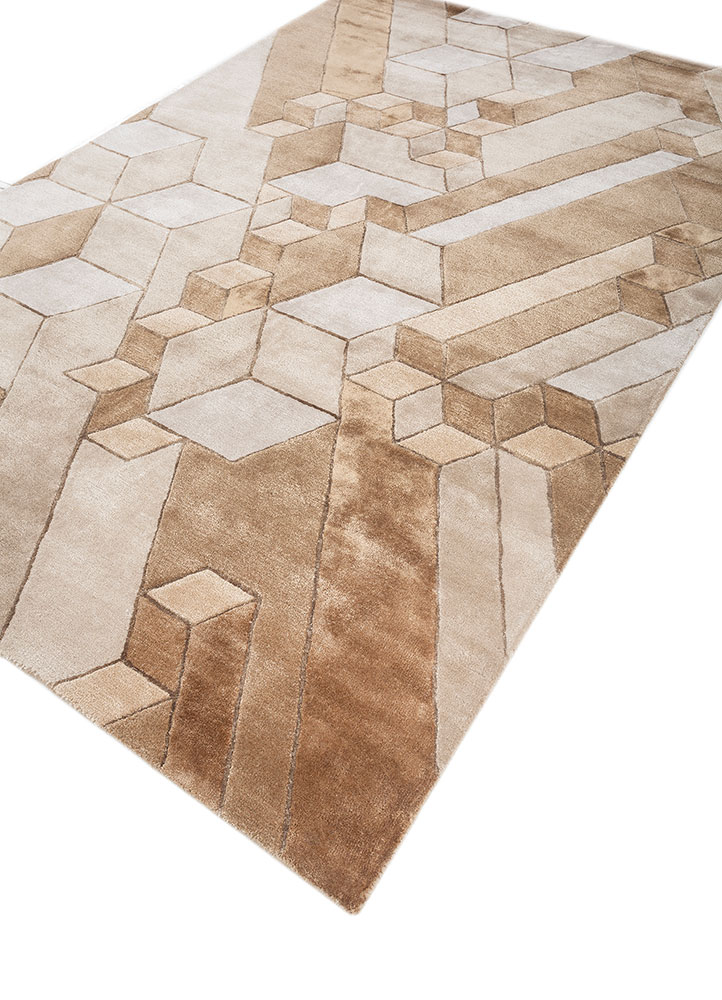linear beige and brown wool and viscose hand tufted Rug - FloorShot