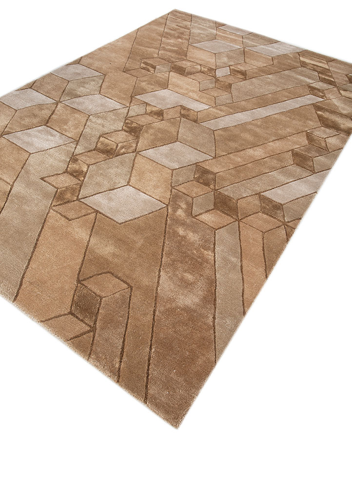 linear beige and brown wool and viscose hand tufted Rug - FloorShot