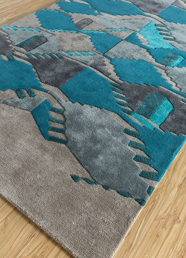 linear blue wool and viscose hand tufted Rug - FloorShot