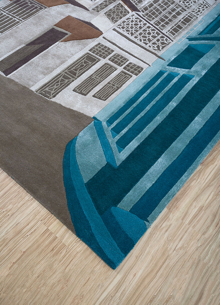 linear blue wool and viscose hand tufted Rug - FloorShot
