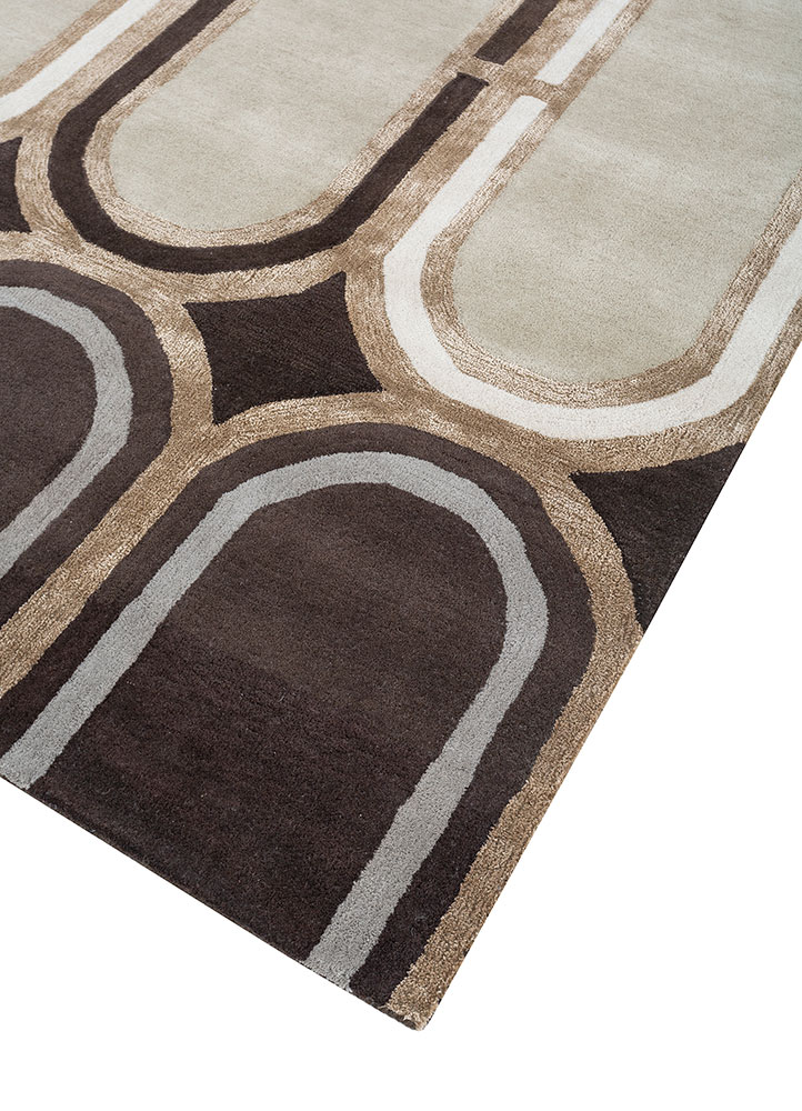linear beige and brown wool and viscose hand tufted Rug - FloorShot