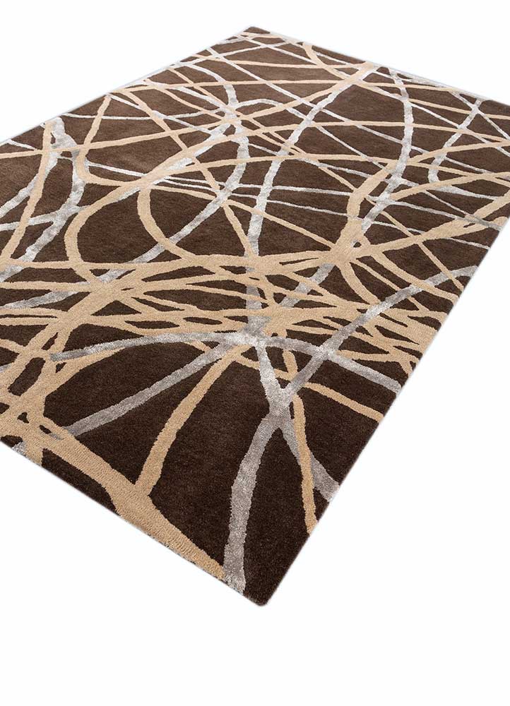 linear beige and brown wool and viscose hand tufted Rug - FloorShot
