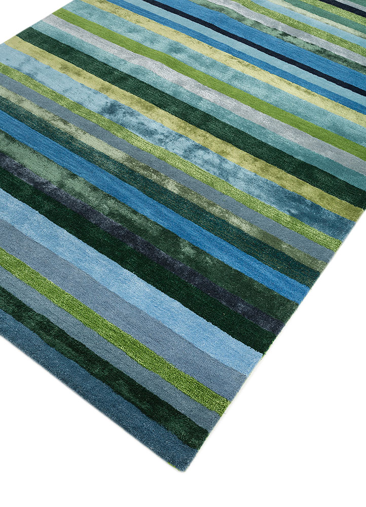 linear blue wool and viscose hand tufted Rug - FloorShot