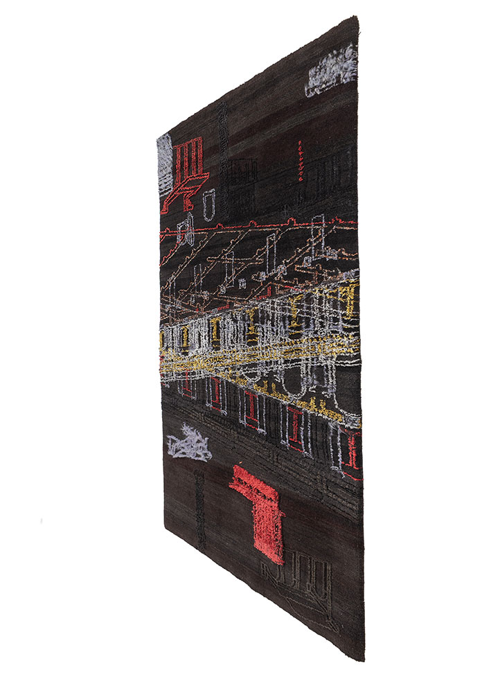 exposed spine blue wool and bamboo silk hand knotted WALL ART & TAPESTRY - FloorShot