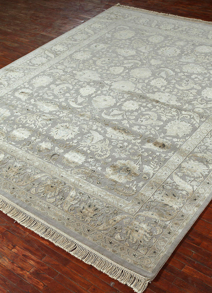 aurora grey and black wool and silk hand knotted Rug - FloorShot