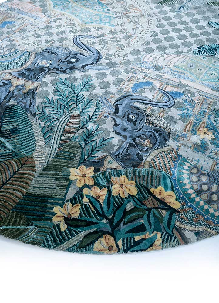 inde rose blue wool and silk hand knotted Rug - FloorShot