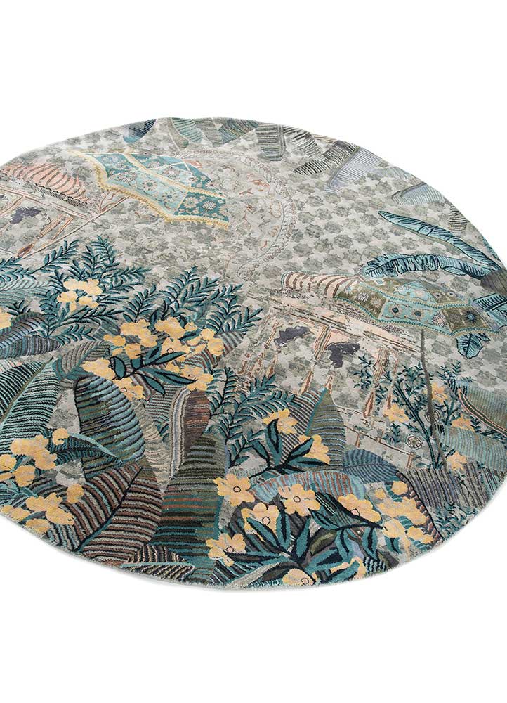 inde rose blue wool and silk hand knotted Rug - FloorShot