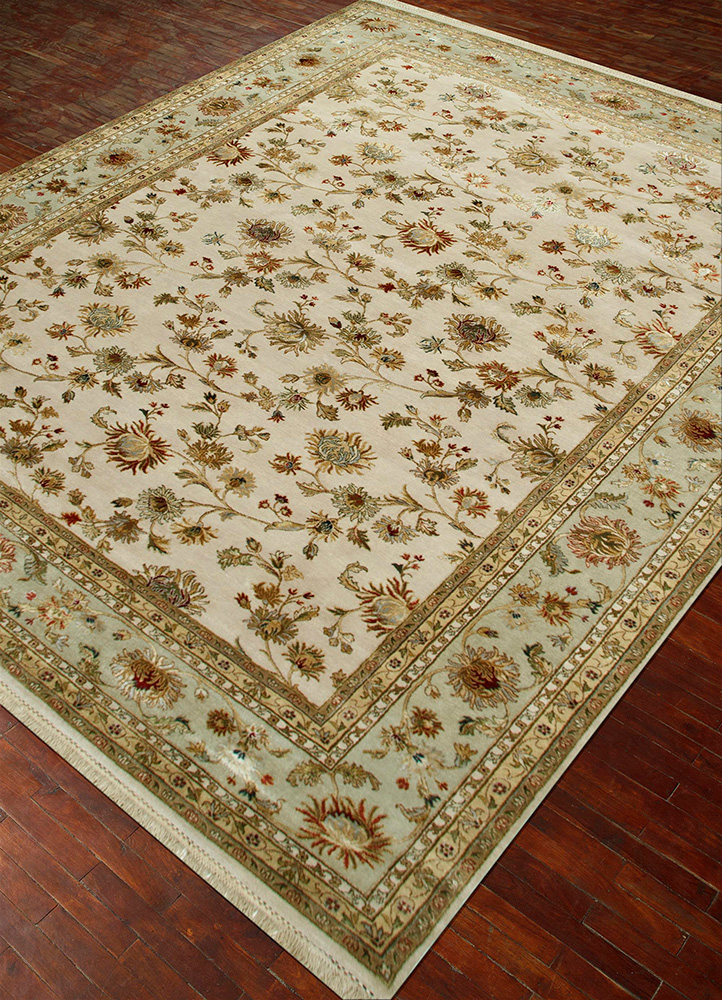 aurora ivory wool and silk hand knotted Rug - FloorShot