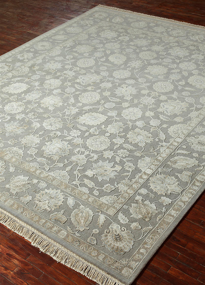 aurora grey and black wool and silk hand knotted Rug - FloorShot