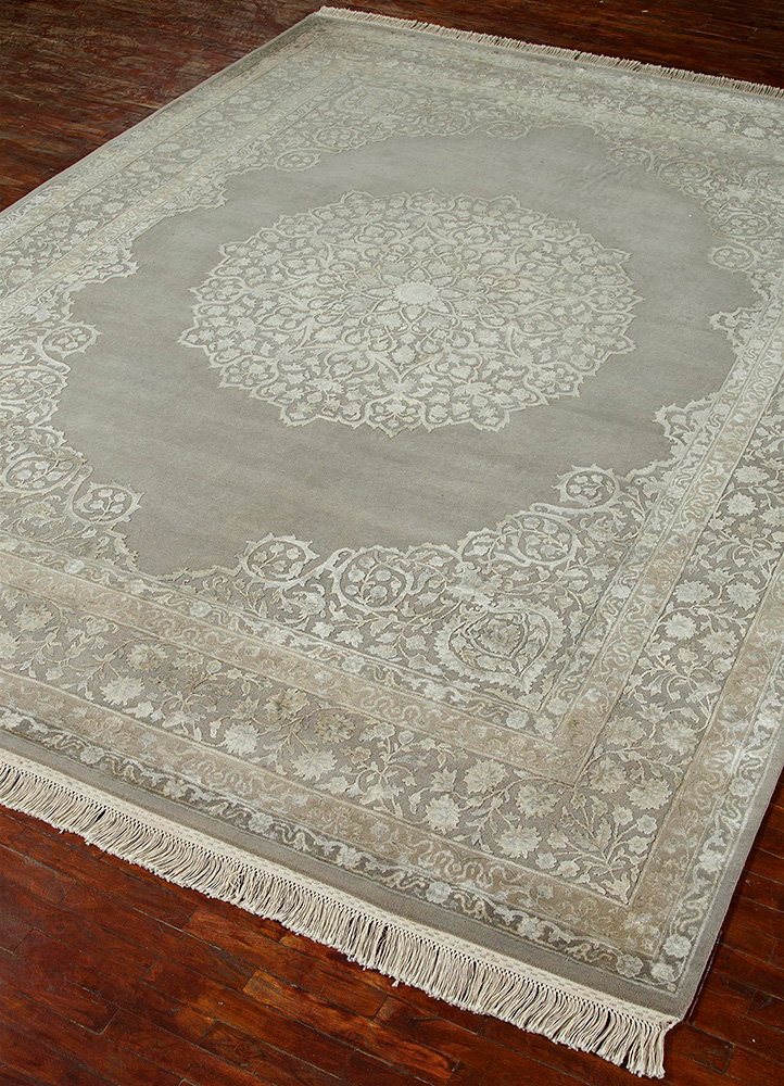 aurora grey and black wool and silk hand knotted Rug - FloorShot