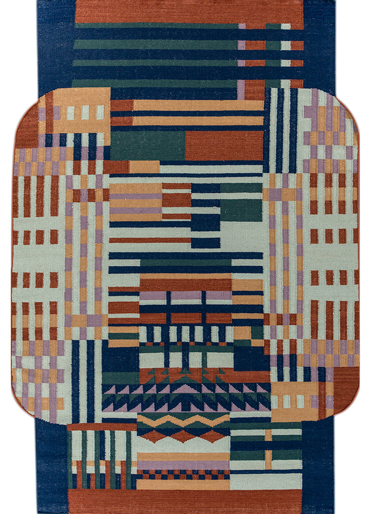 checkers blue wool flat weaves Rug - HeadShot