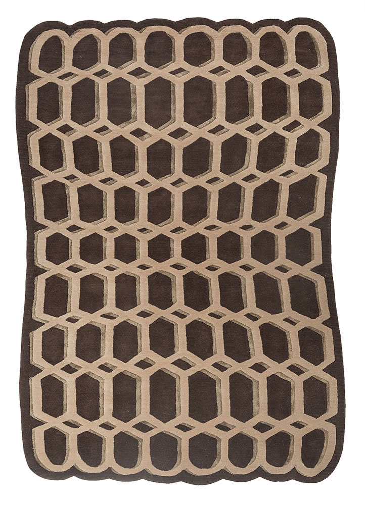 linear beige and brown wool and viscose hand tufted Rug - HeadShot