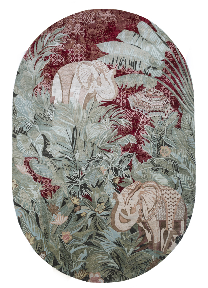 inde rose green wool and silk hand knotted Rug - HeadShot