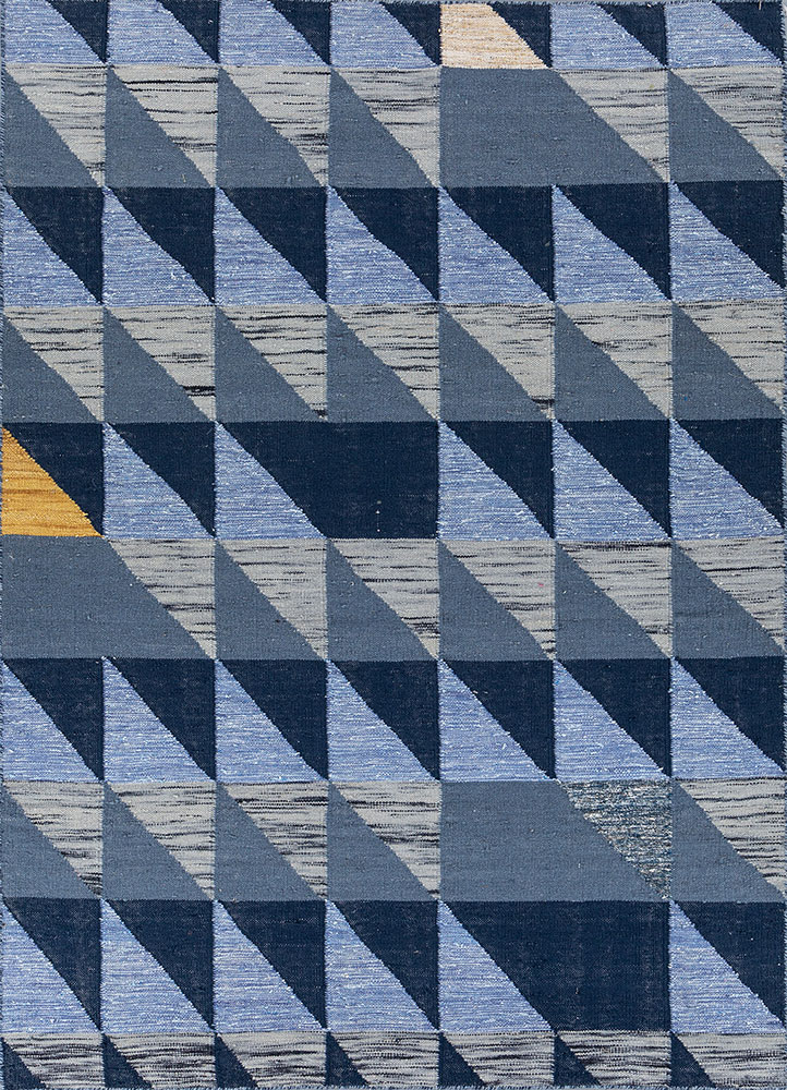 checkers blue wool flat weaves Rug - HeadShot