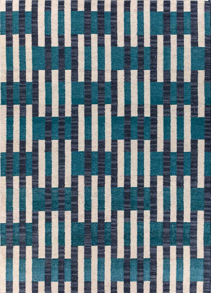 checkers blue wool flat weaves Rug - HeadShot