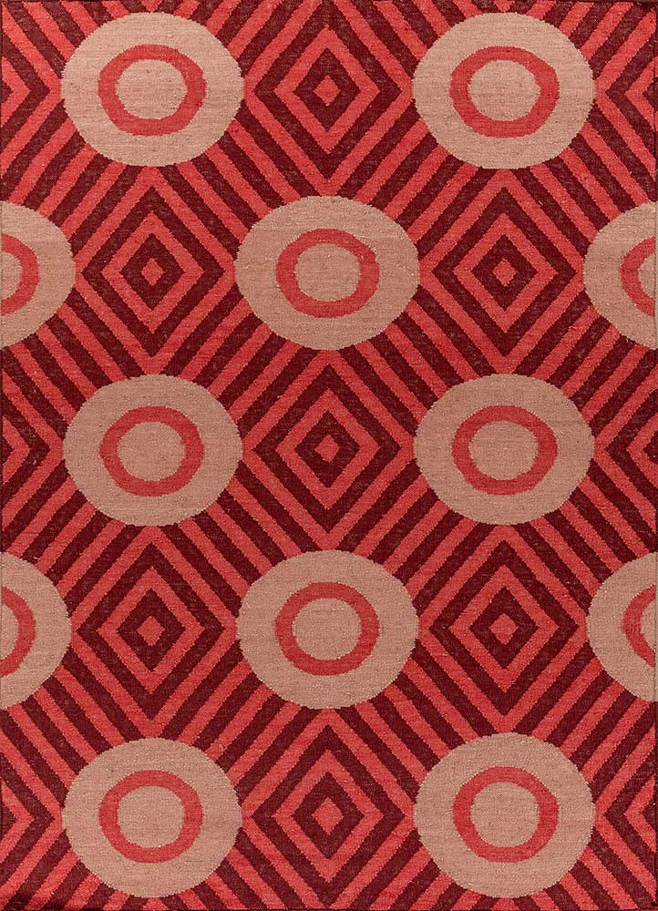 checkers red and orange wool flat weaves Rug - HeadShot