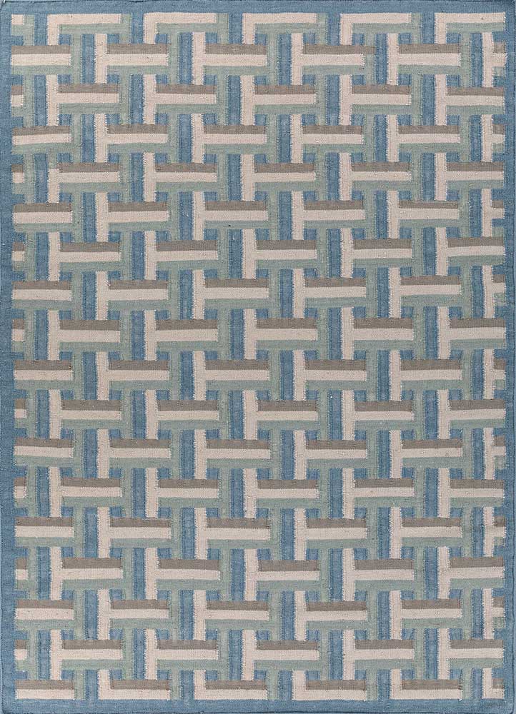 checkers blue wool flat weaves Rug - HeadShot