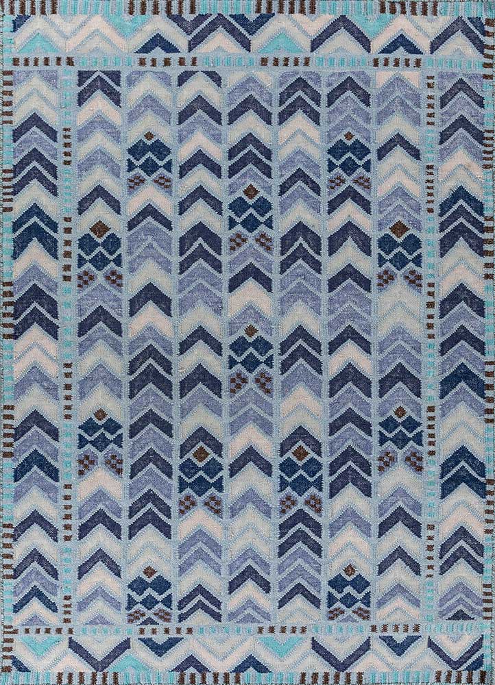 checkers blue wool flat weaves Rug - HeadShot