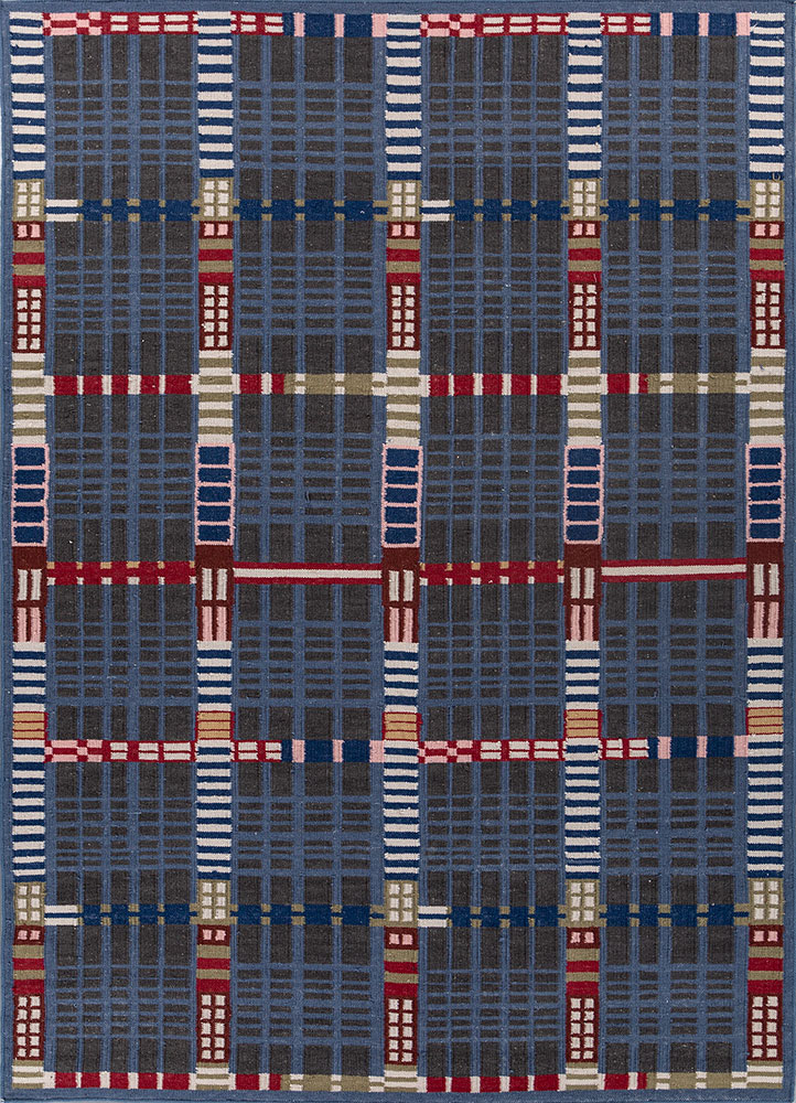 checkers blue wool flat weaves Rug - HeadShot