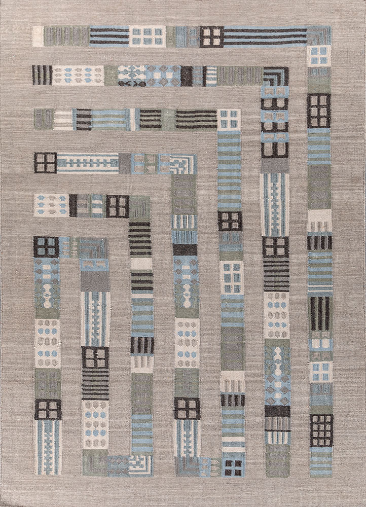 checkers blue wool flat weaves Rug - HeadShot