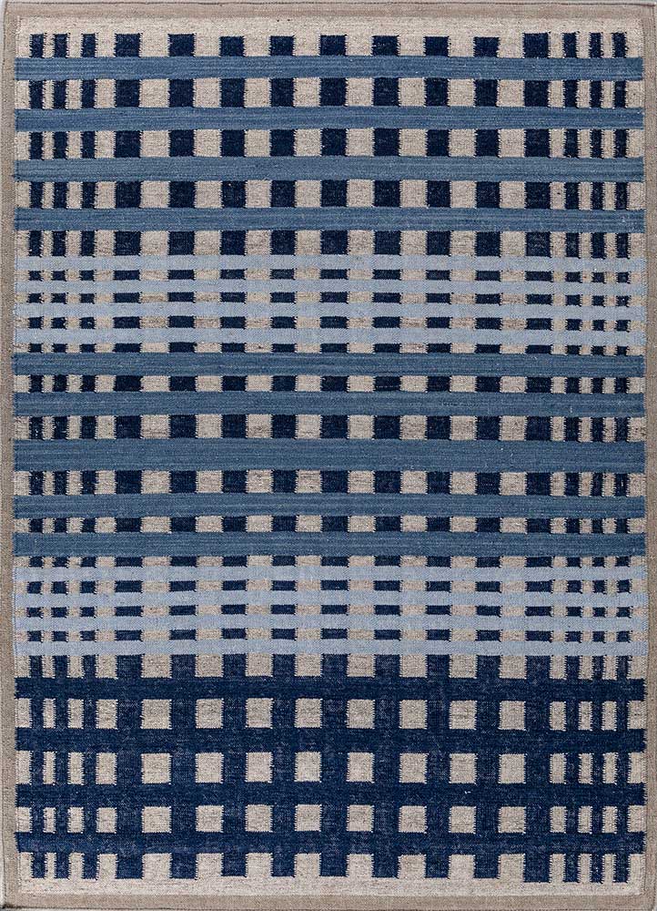 checkers blue wool and viscose flat weaves Rug - HeadShot