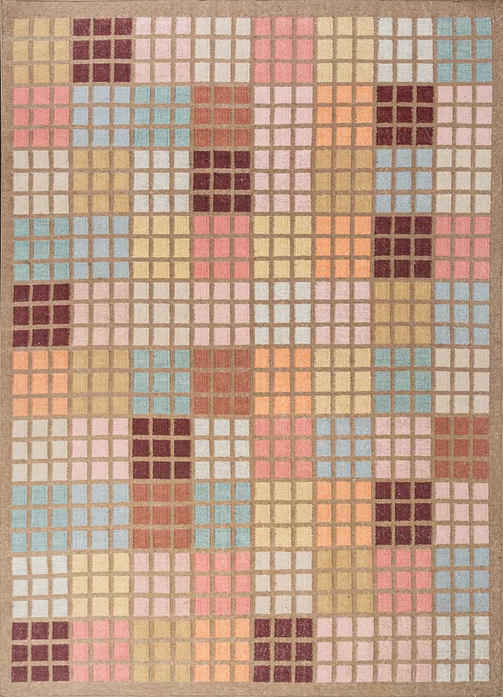 checkers beige and brown wool and viscose flat weaves Rug - HeadShot