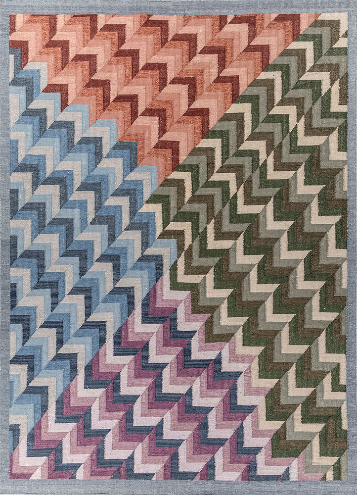 checkers blue wool and viscose flat weaves Rug - HeadShot