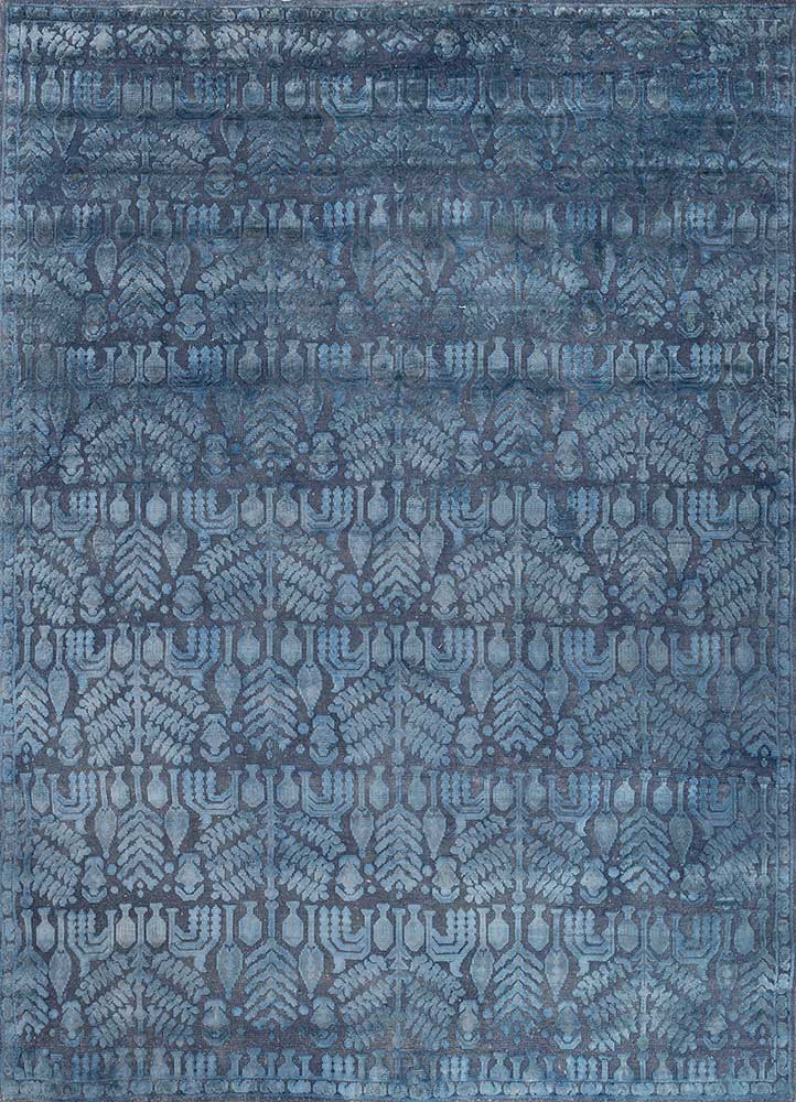 far east blue wool and bamboo silk hand knotted Rug - HeadShot