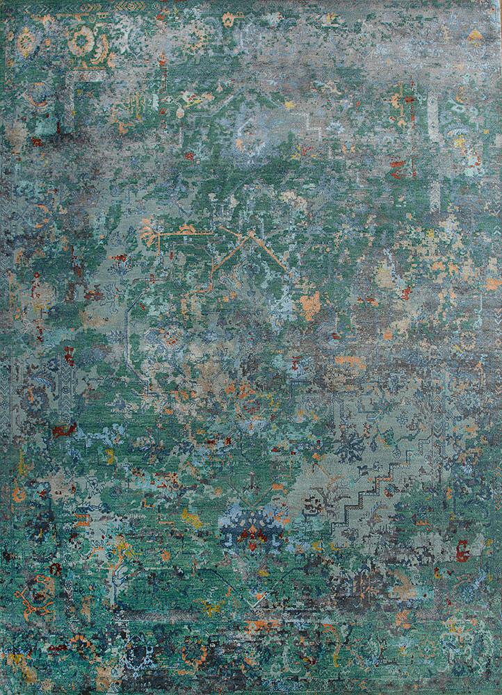 far east green wool and bamboo silk hand knotted Rug - HeadShot