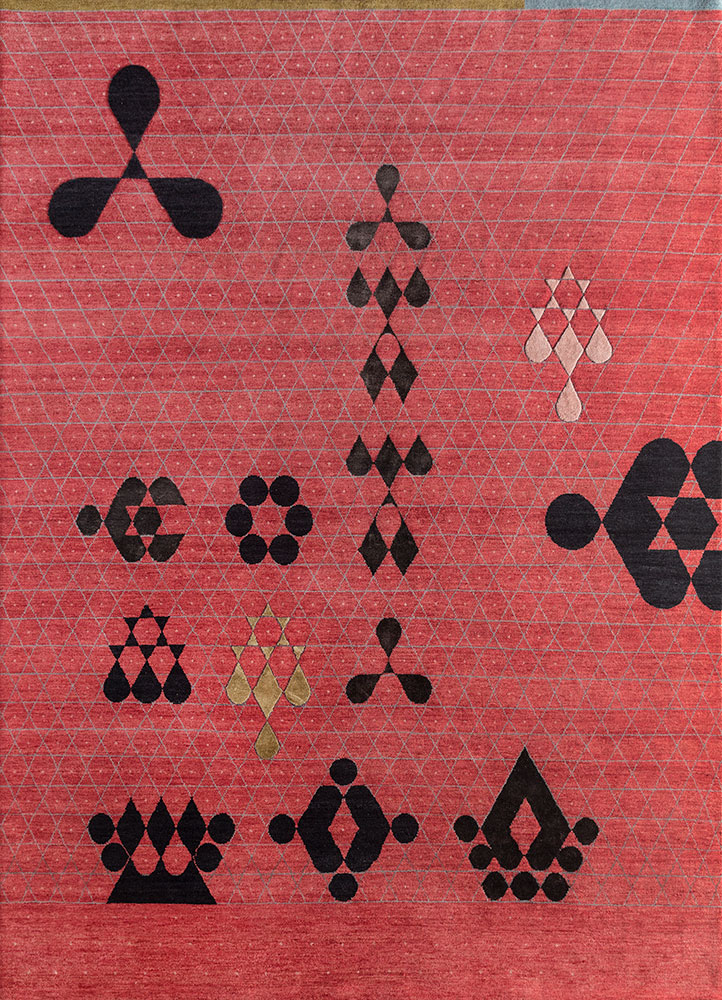 kolam red and orange wool and bamboo silk hand knotted Rug - HeadShot