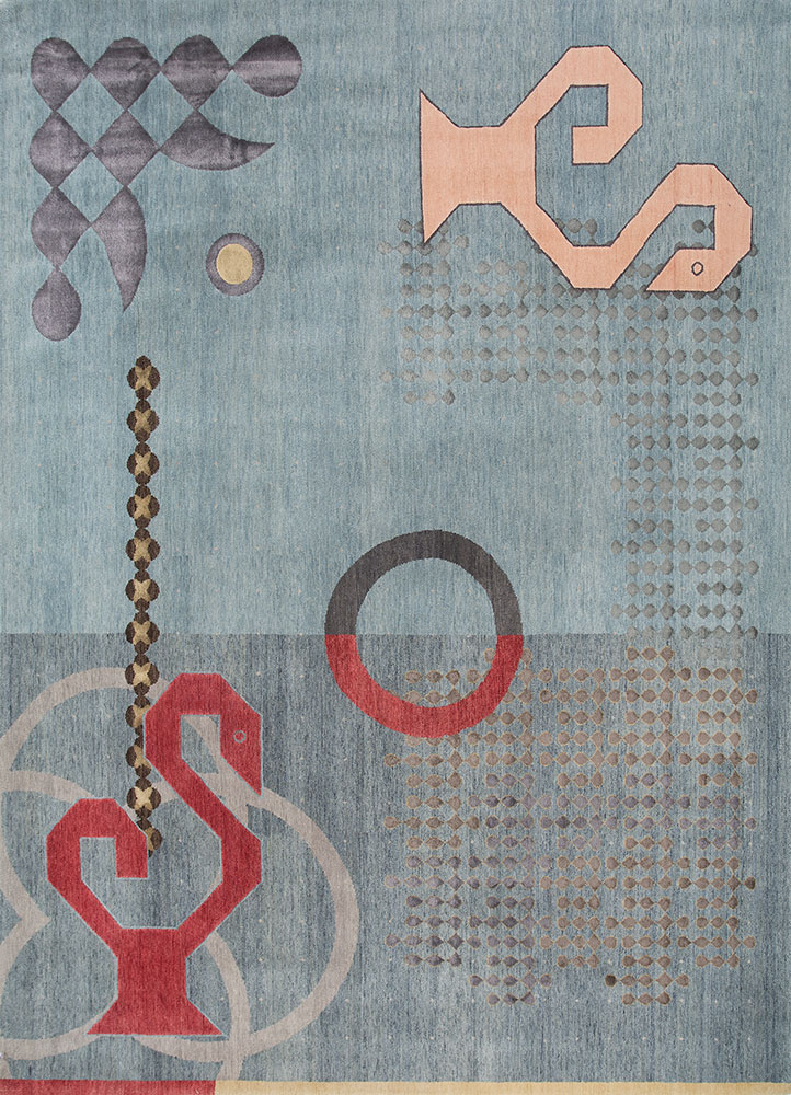 kolam blue wool and bamboo silk hand knotted Rug - HeadShot