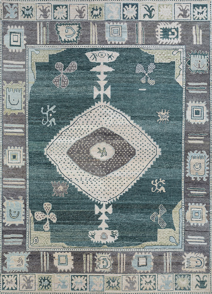 thyme blue wool hand knotted Rug - HeadShot