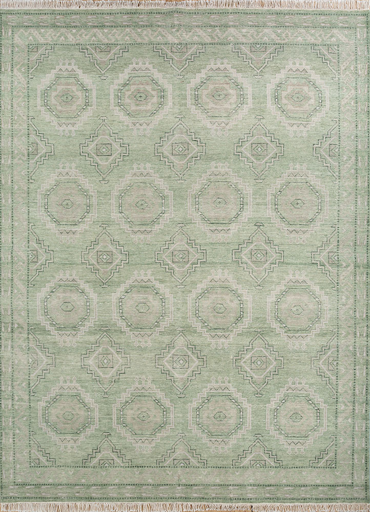 savana green wool hand knotted Rug - HeadShot