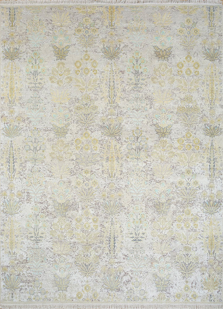 far east ivory wool and silk hand knotted Rug - HeadShot