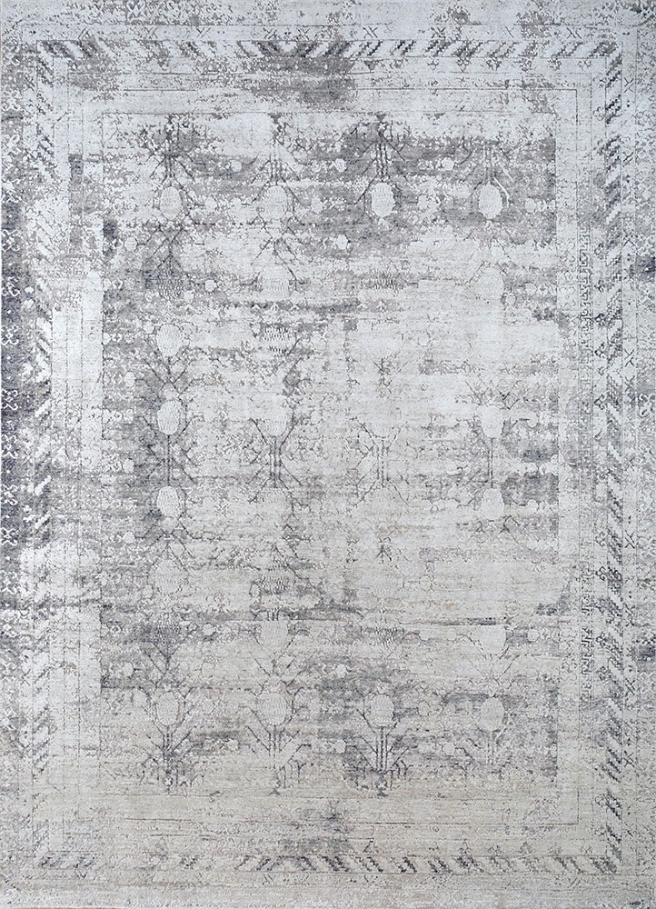 far east ivory wool and silk hand knotted Rug - HeadShot