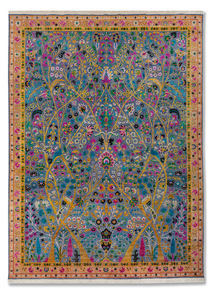 aurora blue wool and silk hand knotted Rug - HeadShot