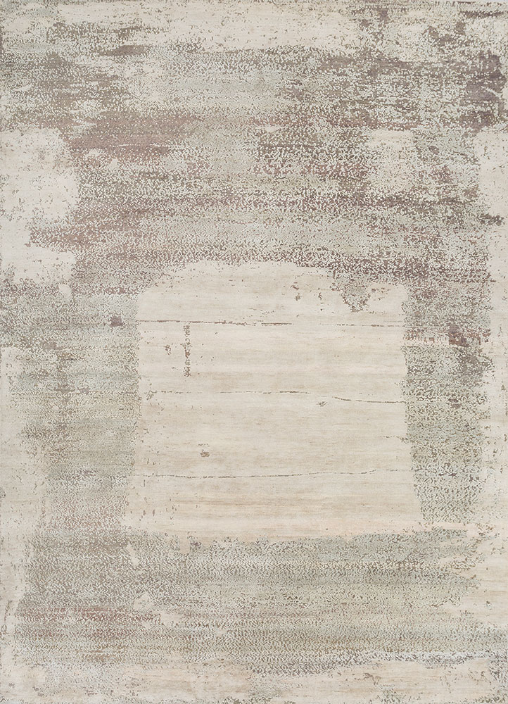 entropy ivory wool and silk hand knotted Rug - HeadShot