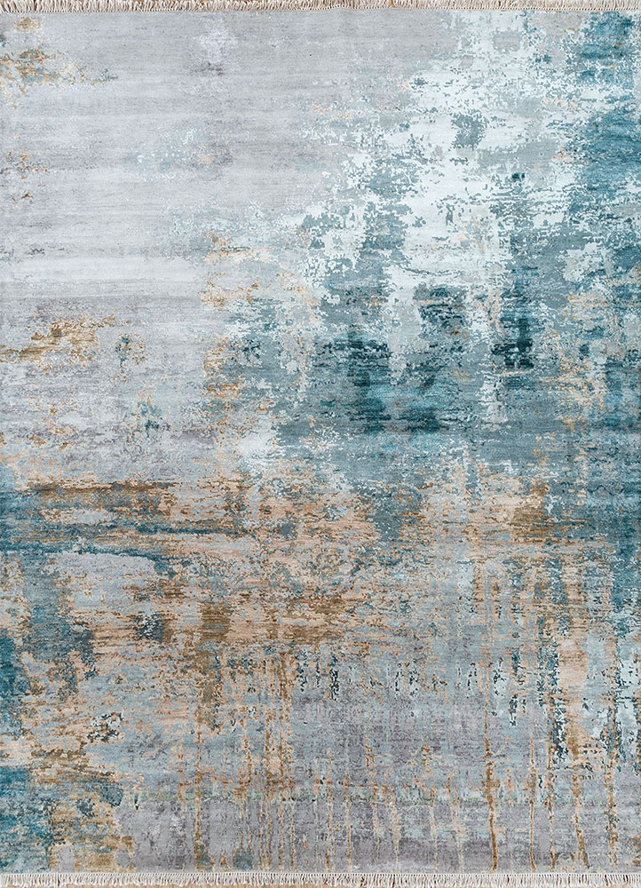 entropy blue wool and silk hand knotted Rug - HeadShot