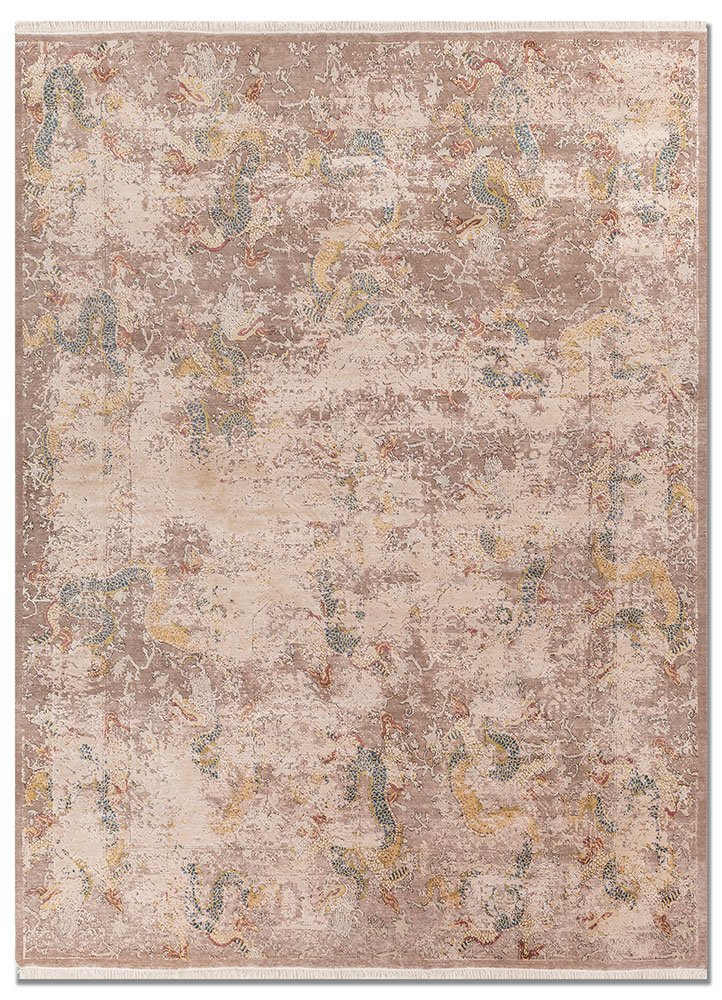 far east beige and brown wool and silk hand knotted Rug - HeadShot
